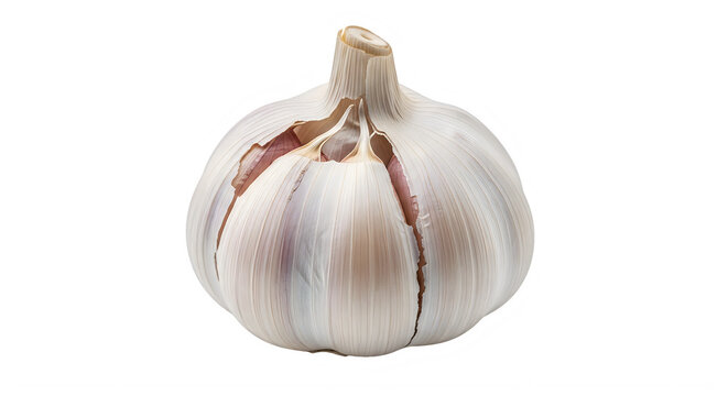 Fresh garlic bulb with papery skin and cracked cloves isolated on transparent background transparent background