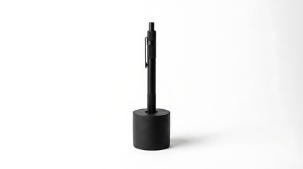 Minimalist Black Pen with Round Base on White Background.