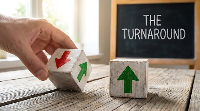 Business Turnaround Concept with Upward Arrows on Blocks.