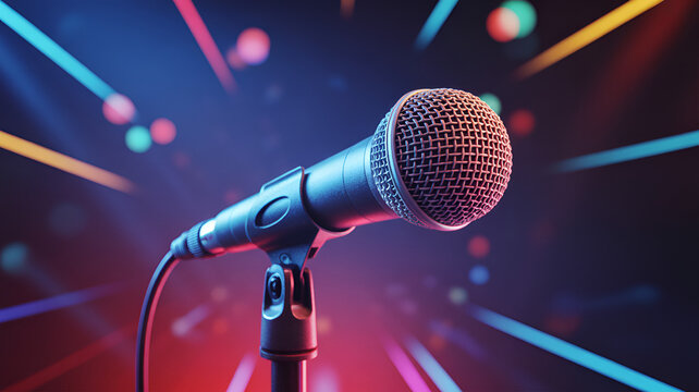Close up of professional microphone on stand with colorful neon lights and bokeh background for music performance or live event broadcasting