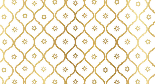 Elegant gold geometric pattern on white background, featuring interlocking curves and small star motifs. The design is sophisticated and symmetrical.
