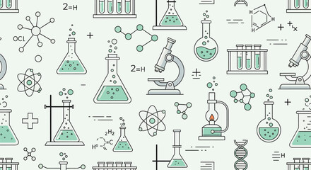 Seamless science pattern with lab equipment like microscopes, flasks, test tubes, and molecular structures. Soft green and gray tones, scientific theme.