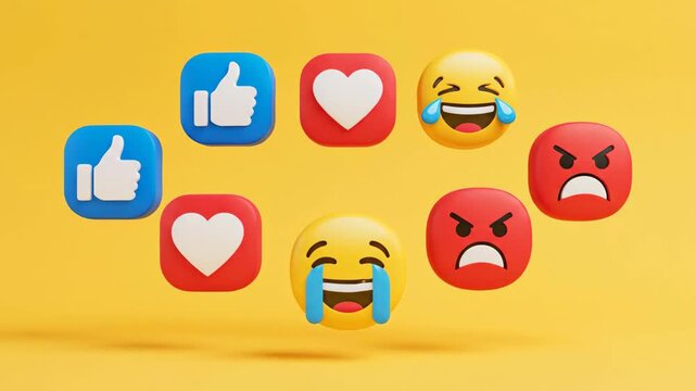 Social Media Reactions - Thumbs Up, Hearts, Laughing, and Angry Emojis on Yellow Background.