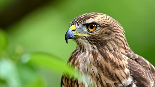 Close up portrait of a hawk in green natural habitat