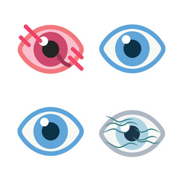 Eye disease icons for ophthalmology showing cataract opacity, glaucoma pressure, retina damage, astigmatism blur, clinical vision care infographic set