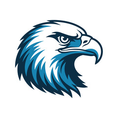 Obraz premium Stylized white and blue eagle head logo with a fierce expression, facing right, on a clean white background, representing strength and freedom.