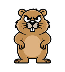 Naklejka premium Cartoon illustration of an angry brown groundhog or beaver standing upright with a grumpy expression and prominent front teeth.