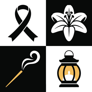 Black and white memorial icons, ribbon, lily, lantern and incense, program booklet cover, vigil session layout, respectful remembrance branding