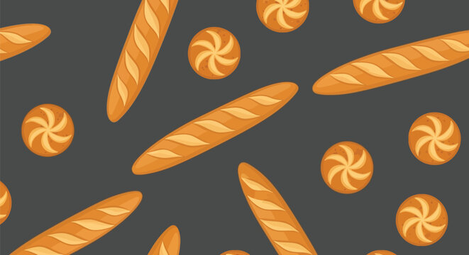 Seamless pattern of baguettes and round bread rolls with diagonal cuts against a dark gray background, creating a warm and artisanal vibe.