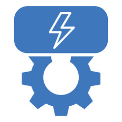 Blue icon of gear and lightning bolt on white background icon