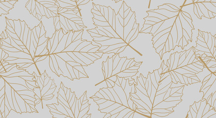 Seamless pattern of outlined maple leaves in gold on a light gray background. The design is delicate and elegant, evoking a feeling of autumn. © shamim