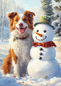 Illustration of a dog with brown and white fur is sitting with snowman. They both have happy expressions on their faces, digital art christmas concept