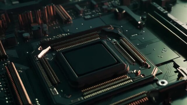 Computer processor sitting on a detailed circuit board, representing the core of artificial intelligence, digital innovation, and advanced computing hardware