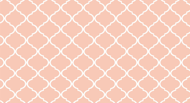 Peach-colored background with a white, interlocking Moroccan trellis pattern. The design is symmetrical and elegant, creating a calming, decorative effect.