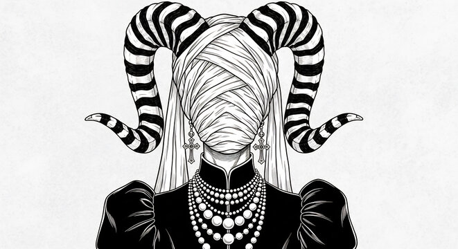 角を持つ女性、包帯とモノクロの幻想的な姿