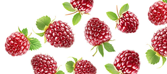 Shiny ripe loganberries or raspberry with vibrant green leaves, on white background. Concept of freshness and healthy food