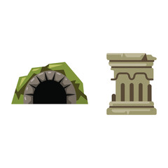 Archaeology field trip icons, stone cave entrance and classical column, history museum event poster, excavation lecture session vector illustration