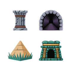 Temple tunnels and pyramid entrances set, adventure expedition poster, treasure hunt session graphics, archaeology summer camp branding vector