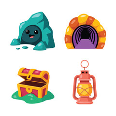Fototapeta premium Crystal cavern portal, glowing grotto door, treasure chest and lantern, fantasy quest icons for dungeon crawl map and game interface