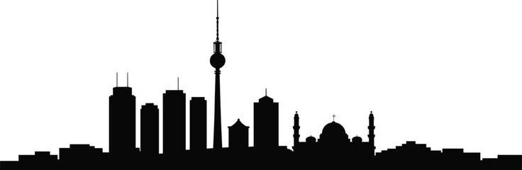 Obraz premium Abu Dhabi skyline silhouette with Etihad Towers and Sheikh Zayed Grand Mosque isolated on white background, minimalist urban cityscape illustration for travel and tourism design.