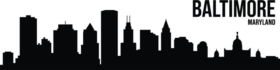 Obraz premium Baltimore Maryland city skyline silhouette with bold typography and modern skyscrapers isolated on white background, minimalist urban cityscape illustration for travel, tourism, and business design.