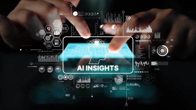 Conceptual representation of AI insights with data visualization and digital interface in a modern workspace. Asymptotic smart data analytic.