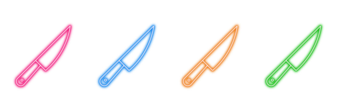 Neon glowing knife vector icons set, kitchen tool, cooking utensil, sharp object, cutlery, chef equipment, vibrant colorful digital design illustration on transparent background.
