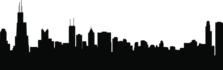 Fototapeta premium Chicago city skyline silhouette with iconic downtown skyscrapers isolated on white background, detailed urban cityscape illustration for travel, tourism, architecture and branding