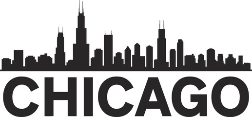 Chicago city skyline silhouette with iconic skyscrapers and bold typography isolated on white background, modern urban cityscape illustration for travel, tourism, branding, and business design. © MSTALIFNUR