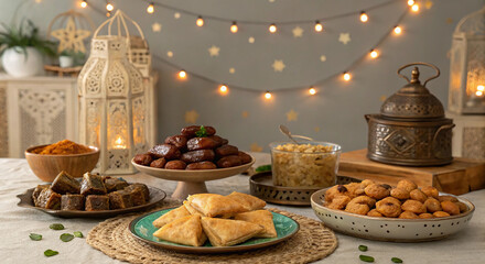 Fototapeta premium Ramadan Feast With Traditional Foods Background