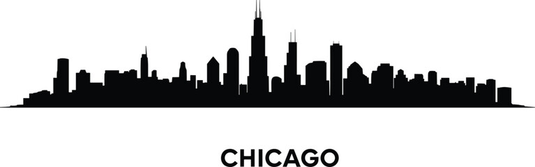 Fototapeta premium Chicago city skyline silhouette with iconic skyscrapers and urban architecture isolated on white background, modern downtown cityscape illustration for travel and business design.