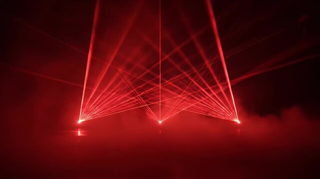 Three sets of red laser beams radiate from below, intersecting with hazy atmosphere, glowing