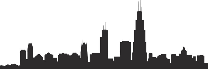 Obraz premium Chicago city skyline silhouette with iconic Willis Tower and downtown skyscrapers isolated on white background, modern urban cityscape illustration for travel, tourism, architecture