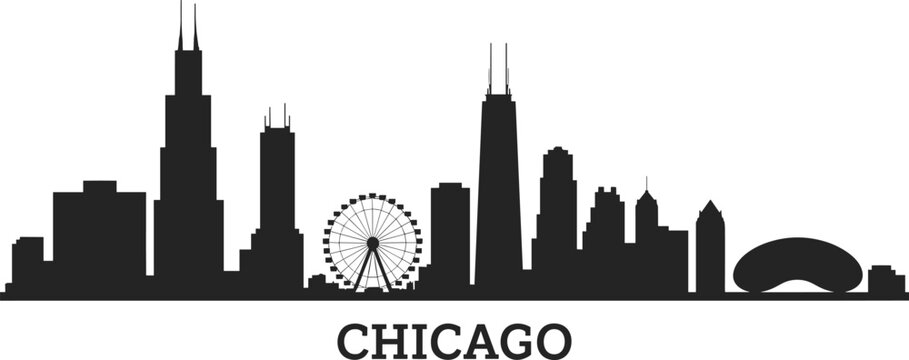 Chicago city skyline silhouette with Willis Tower, Navy Pier Ferris wheel and Cloud Gate isolated on white background, detailed urban cityscape illustration