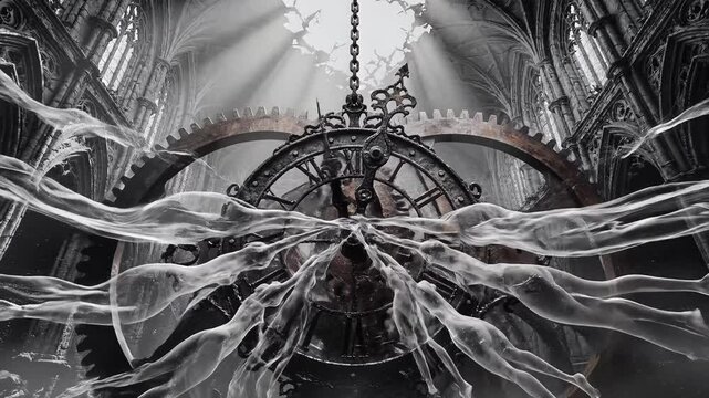 Gothic cathedral interior with mystical fog and ornate chandeliers.