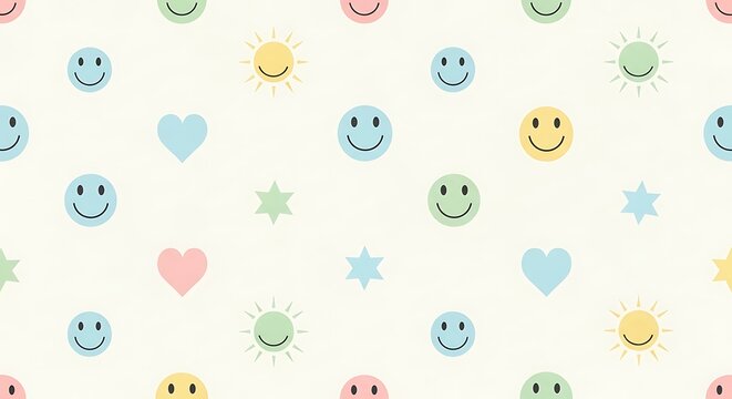 Pastel Colored Smiley Faces and Hearts Pattern on White Background