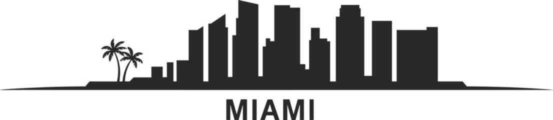 Obraz premium Miami city skyline silhouette with twin palm trees isolated on white background, modern tropical urban cityscape illustration for travel, tourism, branding design