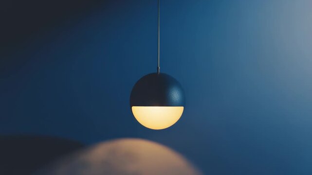 Modern spherical pendant lamp creating a warm, inviting glow against a dark, textured background, emphasizing contemporary design and atmospheric lighting