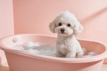 White dog in pink bathtub with foam