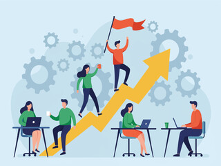 Fototapeta premium Business people working together to achieve success with upward trend arrow and gears in background teamwork concept with office workers climbing up graph