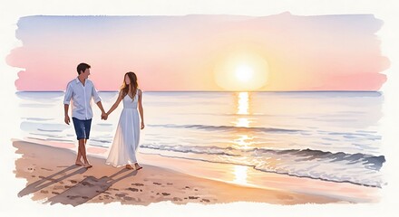 Fototapeta premium Couple Walking Hand in Hand on Beach at Sunset