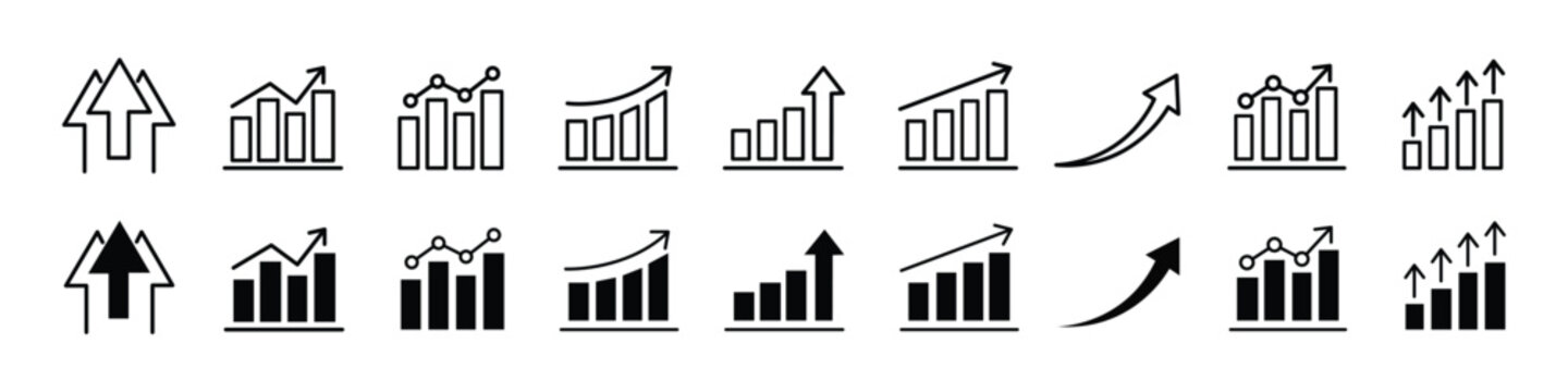 Growth icon set. Containing arrow up, growing graph, business chart icons. Vector illustration.