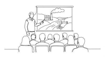Man presenting a slide show to an audience in a conference room explaining industrial landscape concepts