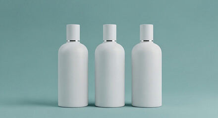 Three white bottles with caps standing upright on a soft teal surface, viewed from the front, against a gentle teal backdrop.