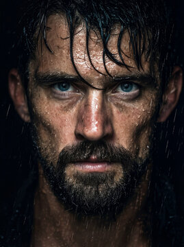 Intense wet bearded man portrait in rain with piercing blue eyes, dramatic close-up
