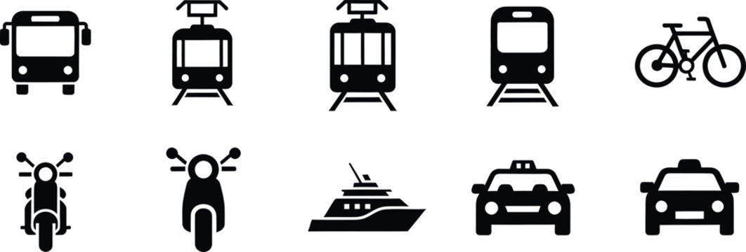 A set of black and white transportation icons representing various modes of travel and transit.
