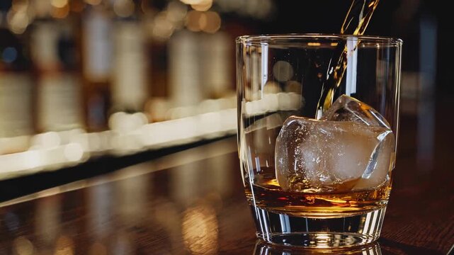 Premium Whiskey With Glowing Ambiance. Luxurious Evening Scene With Whiskey And Warm Bokeh Lights. Refined Bar Setting Showcasing Pouring Whiskey Onto Large Ice Cube Under Warm Ambient Lighting