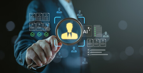 Businessman holding magnifying glass over candidate profile with AI interface and digital checklist...