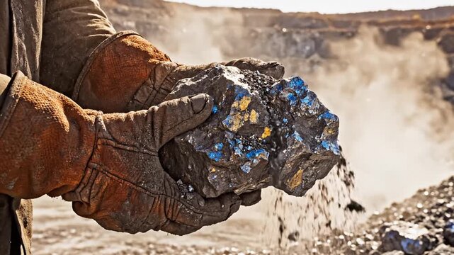 A gloved hand holds colored mineral ore.