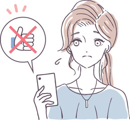 SNSの反応が少なく落ち込む女性　いいねを取り消す人　ベクターイラスト素材